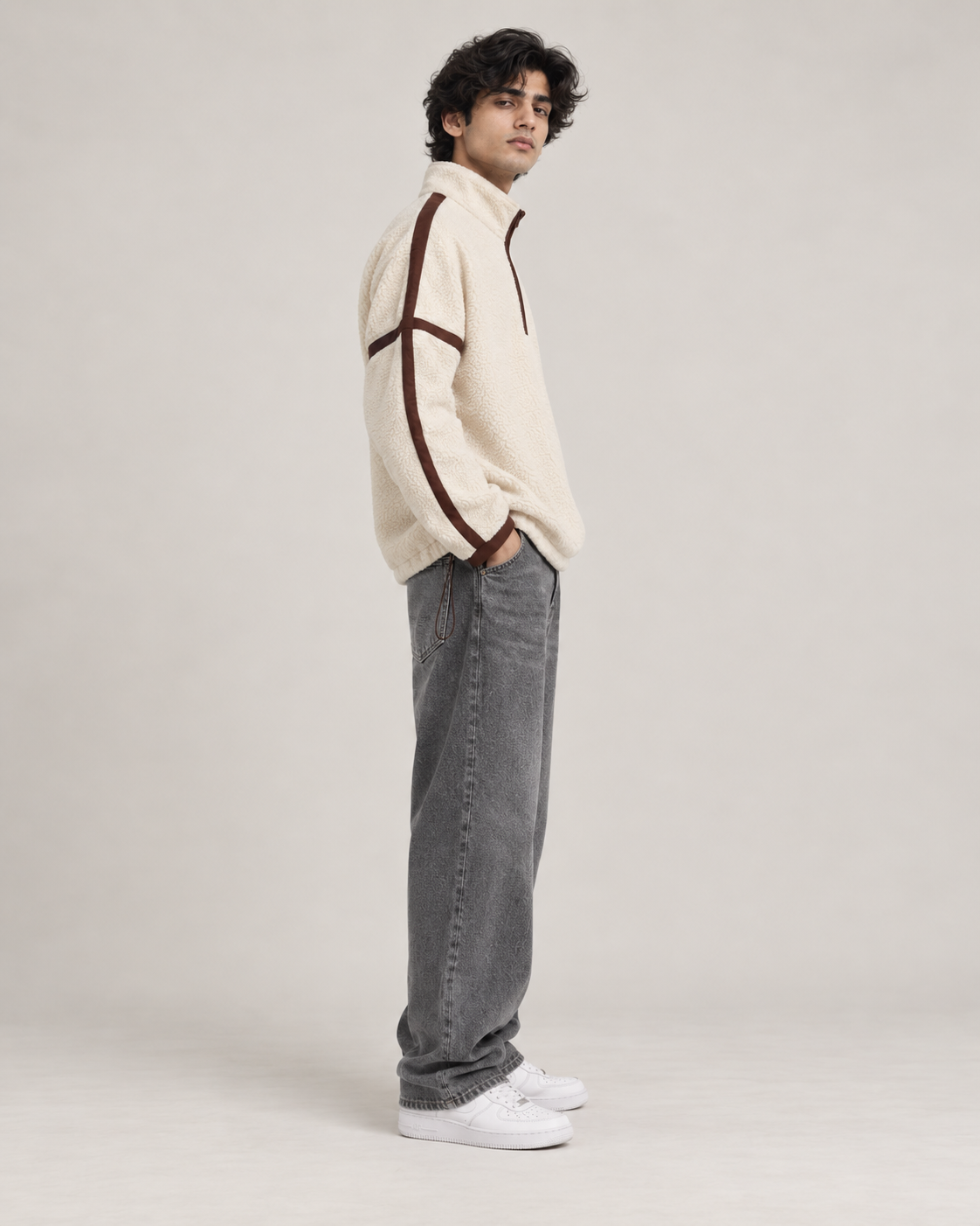 Contrast Trim Sherpa Quarter-Zip Pullover
