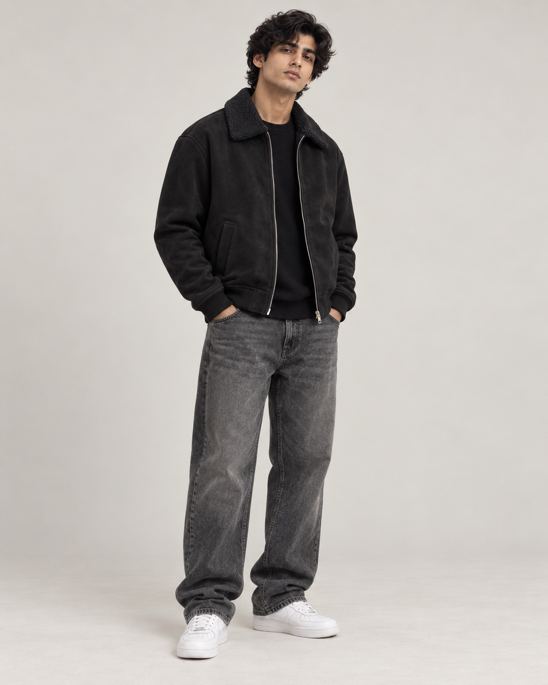 Suede-Touch Sherpa Bomber Jacket