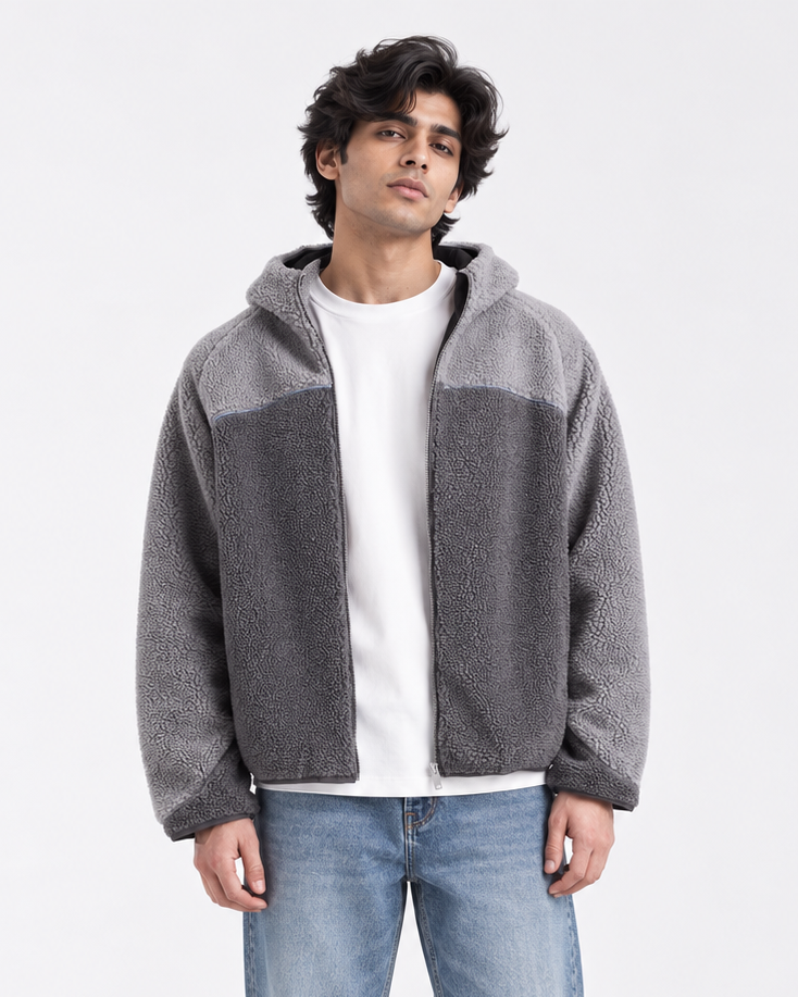 Two-Tone Sherpa Hooded Zip Jacket