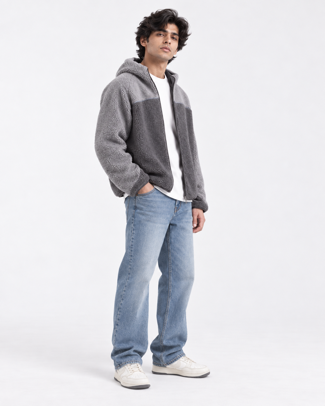 Two-Tone Sherpa Hooded Zip Jacket