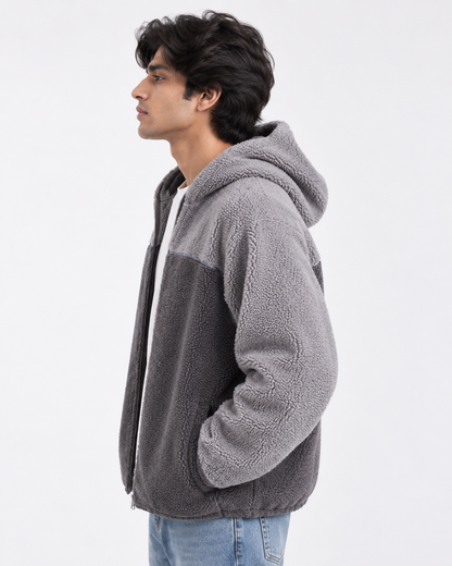 Two-Tone Sherpa Hooded Zip Jacket