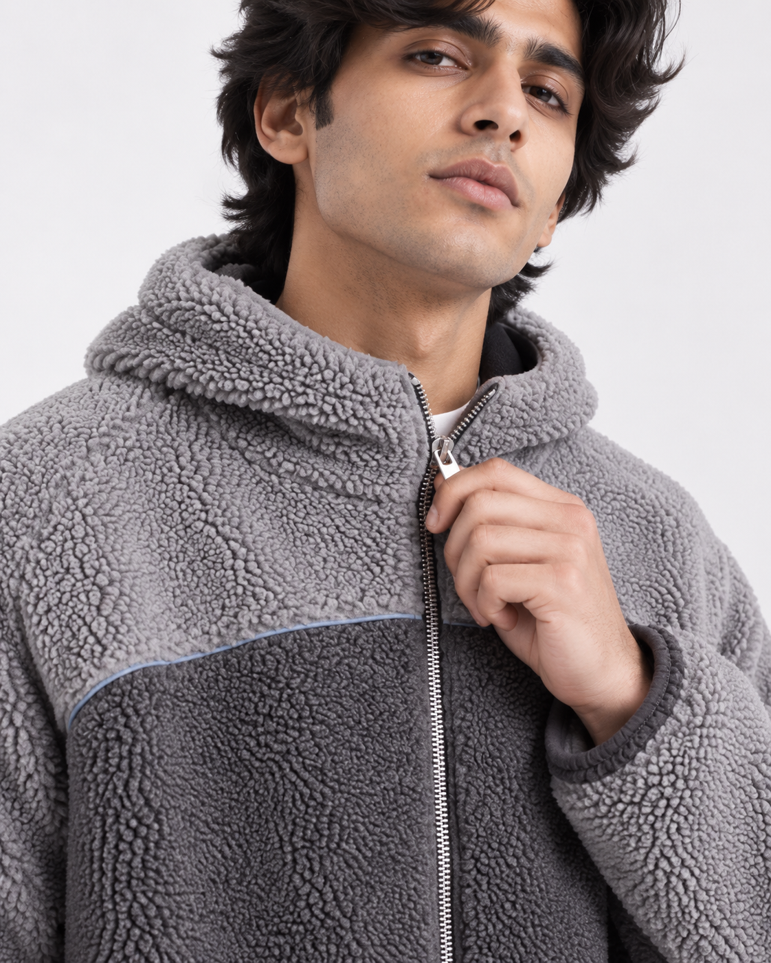 Two-Tone Sherpa Hooded Zip Jacket