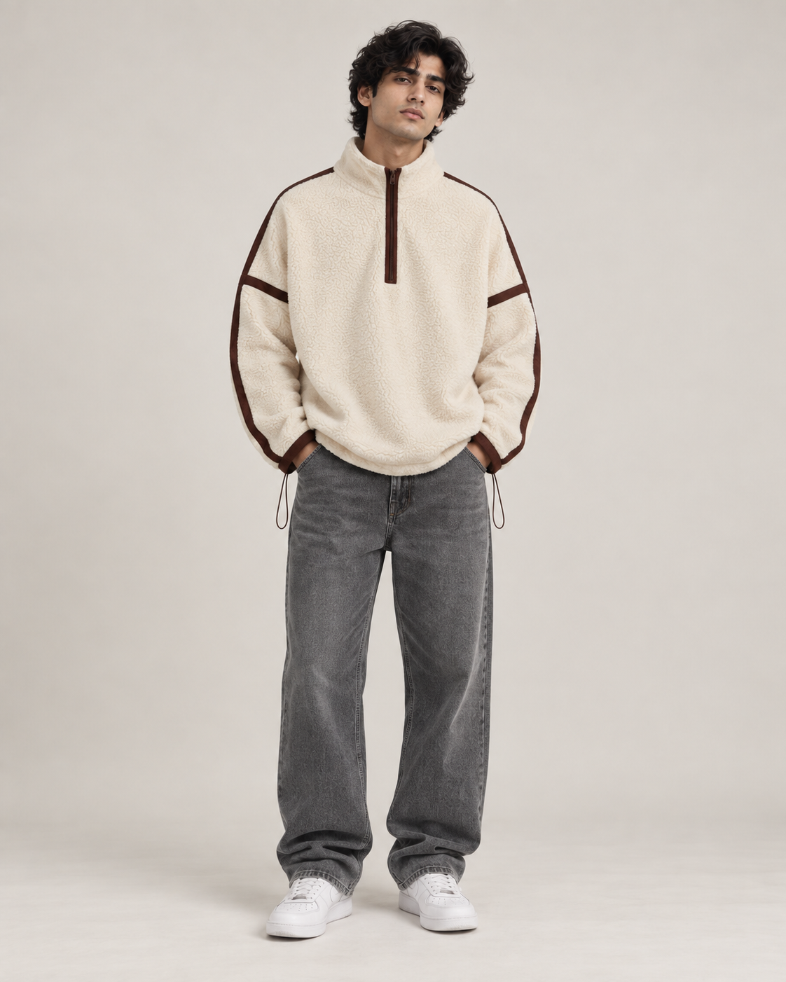 Contrast Trim Sherpa Quarter-Zip Pullover