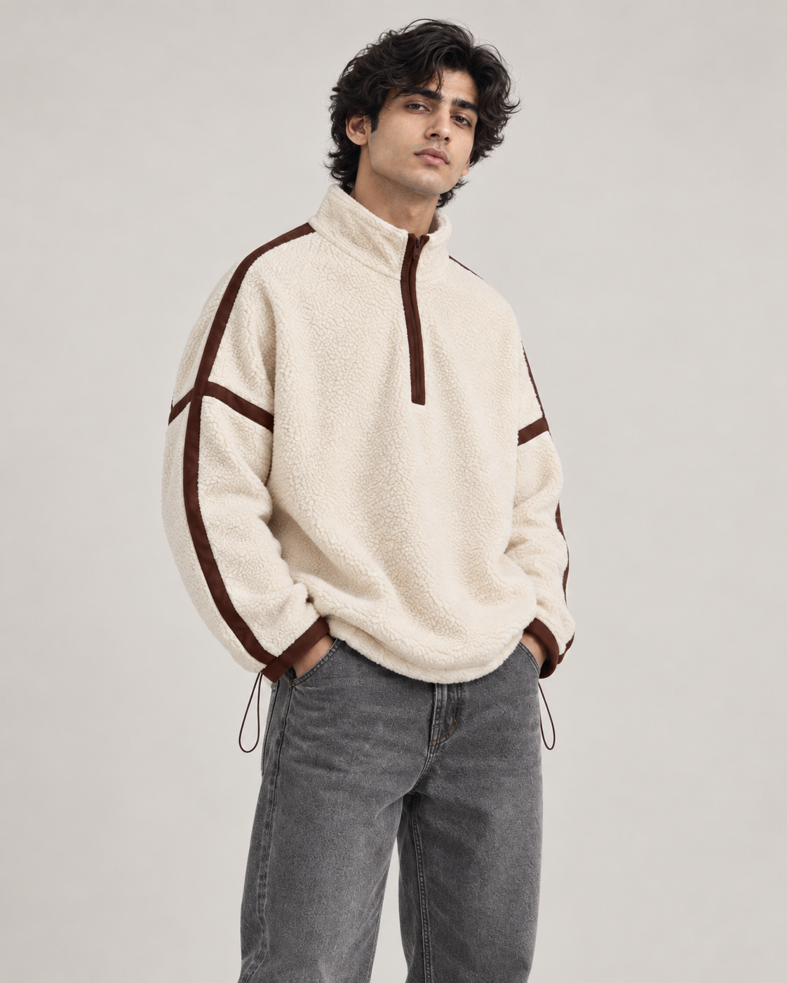 Contrast Trim Sherpa Quarter-Zip Pullover