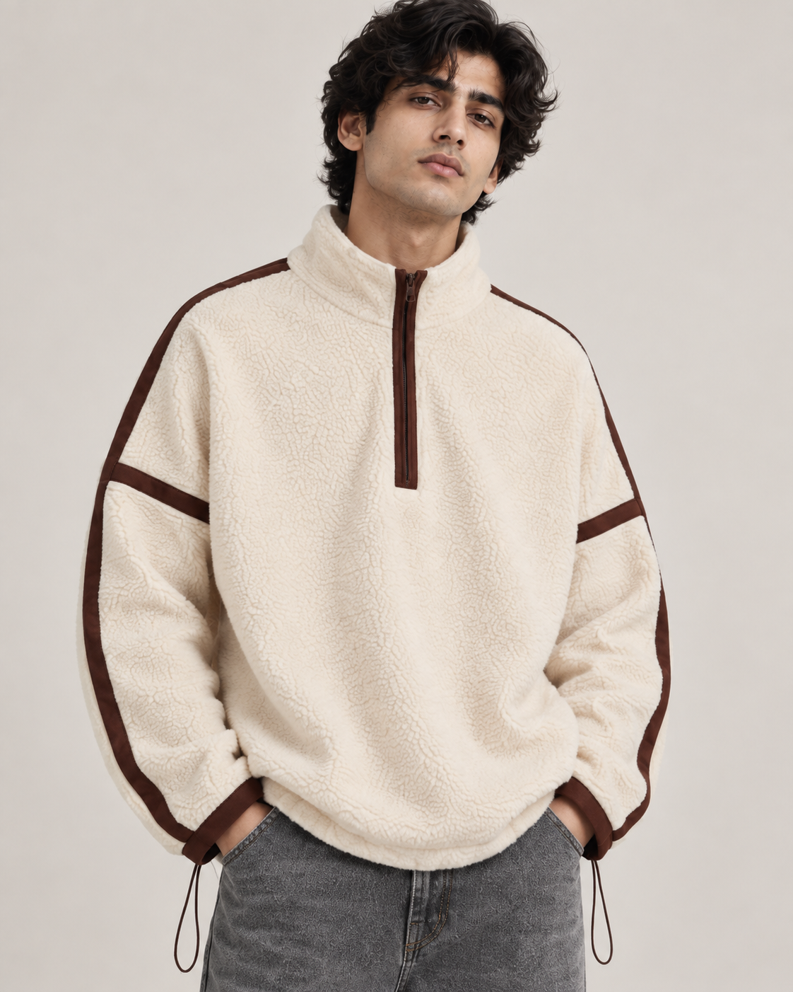 Contrast Trim Sherpa Quarter-Zip Pullover