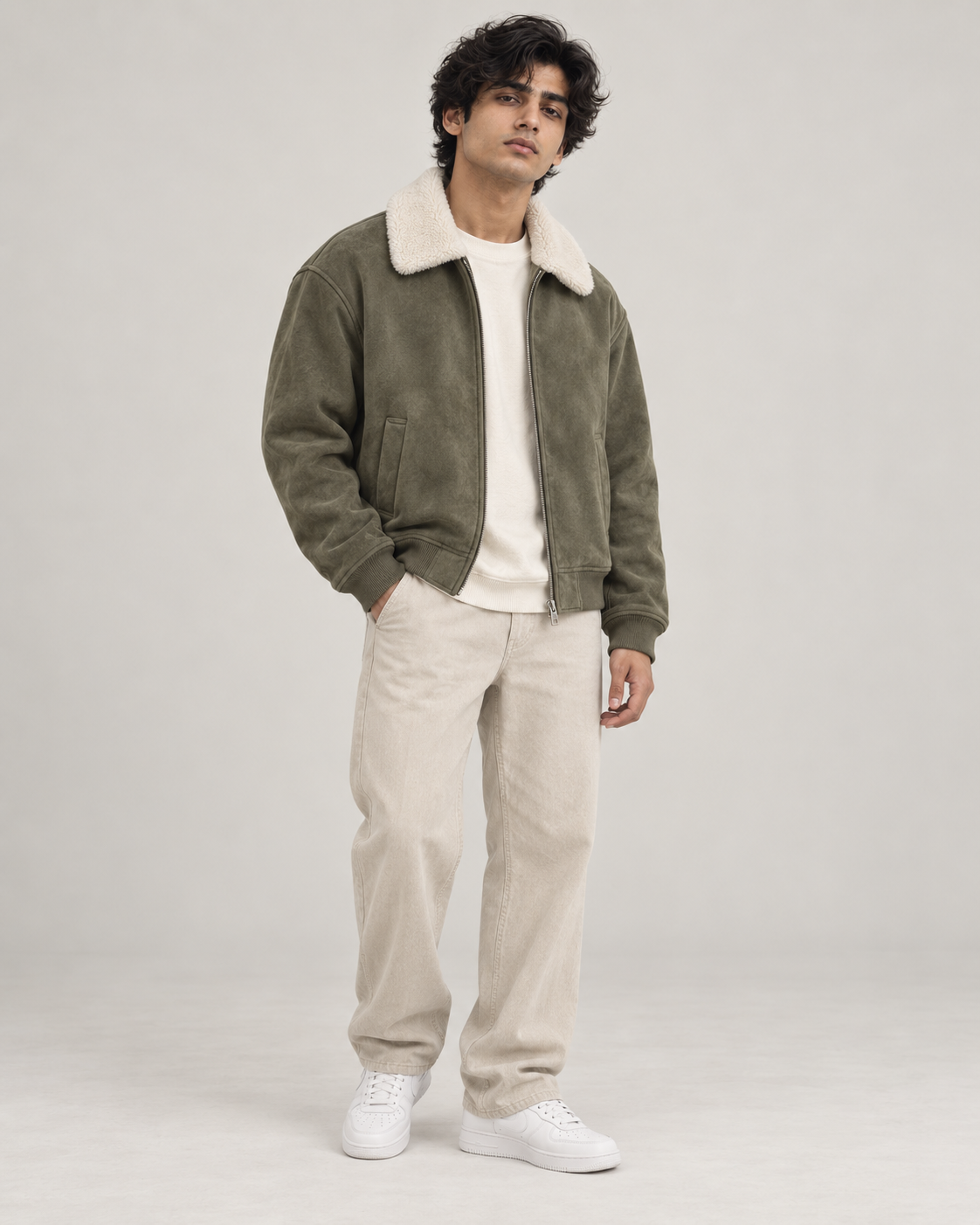 Suede-Touch Sherpa Bomber Jacket