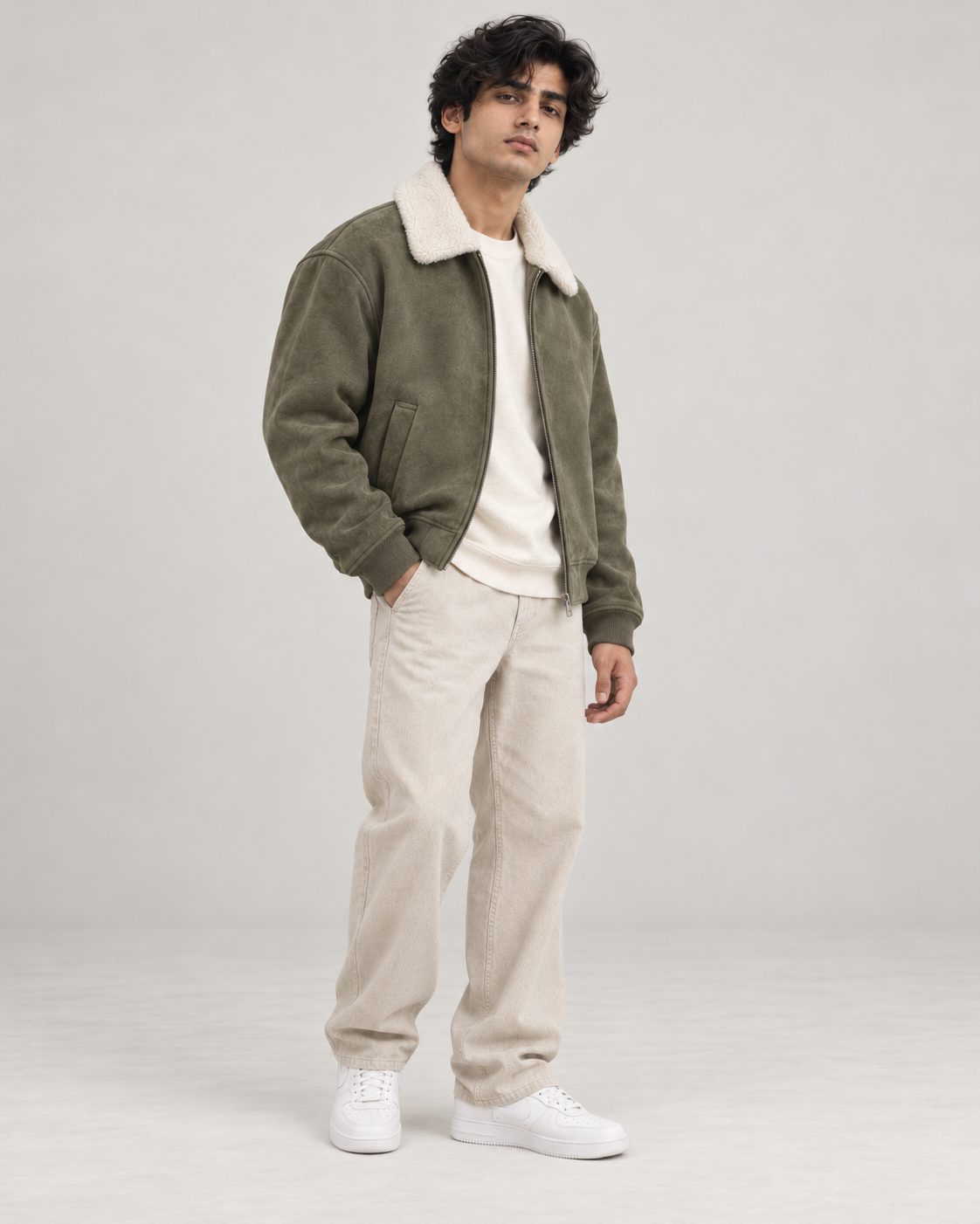 Suede-Touch Sherpa Bomber Jacket