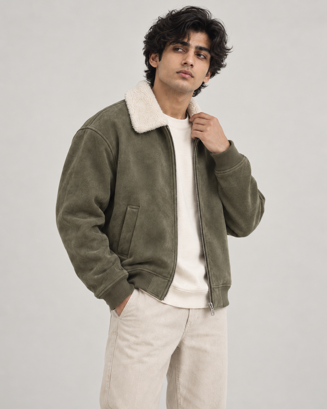 Suede-Touch Sherpa Bomber Jacket