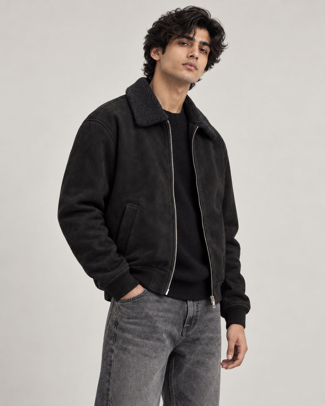 Suede-Touch Sherpa Bomber Jacket