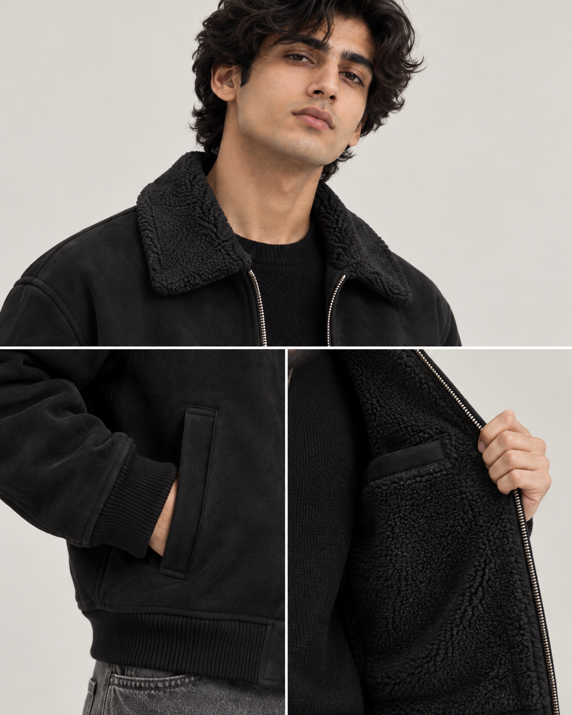 Suede-Touch Sherpa Bomber Jacket