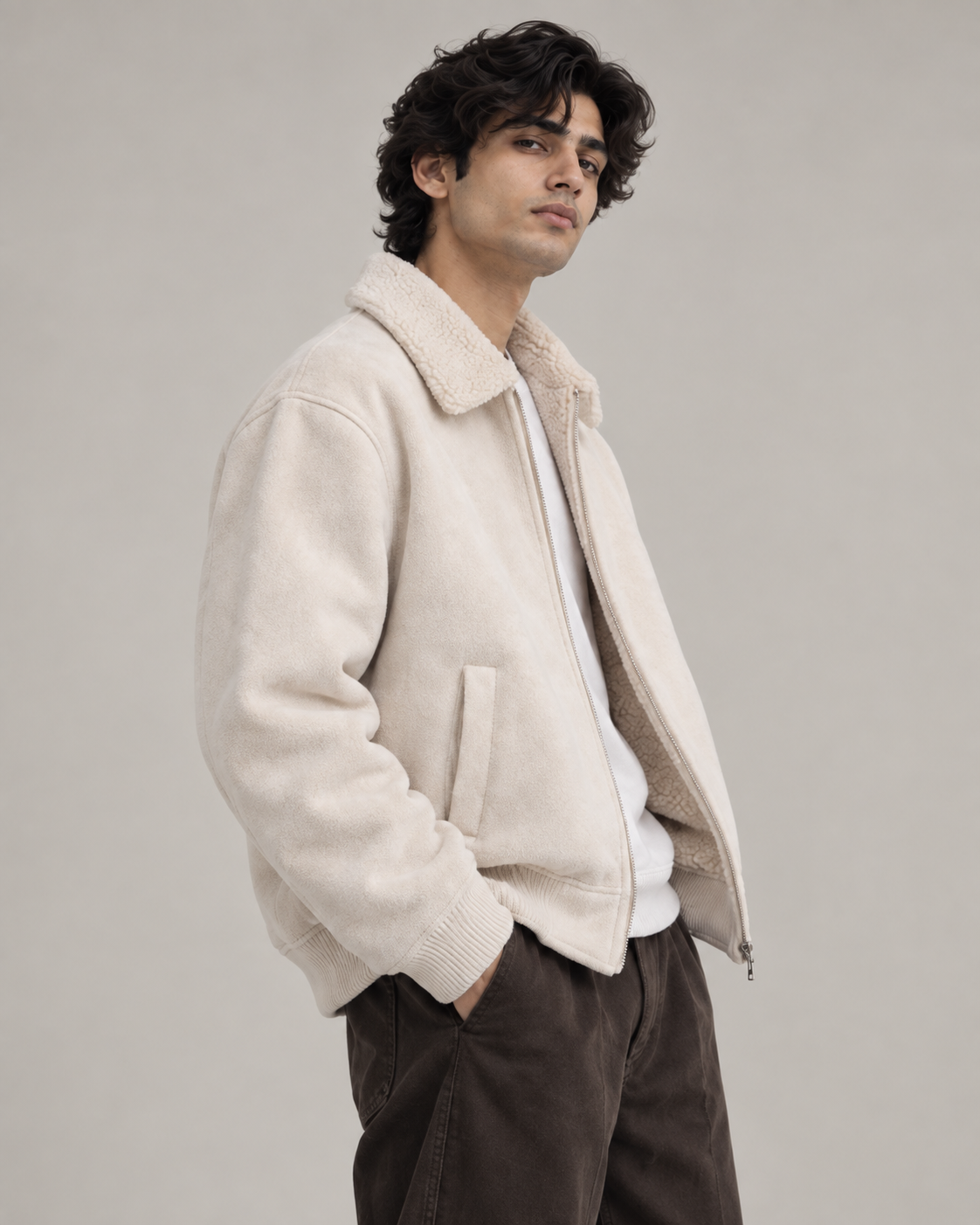 Suede-Touch Sherpa Bomber Jacket
