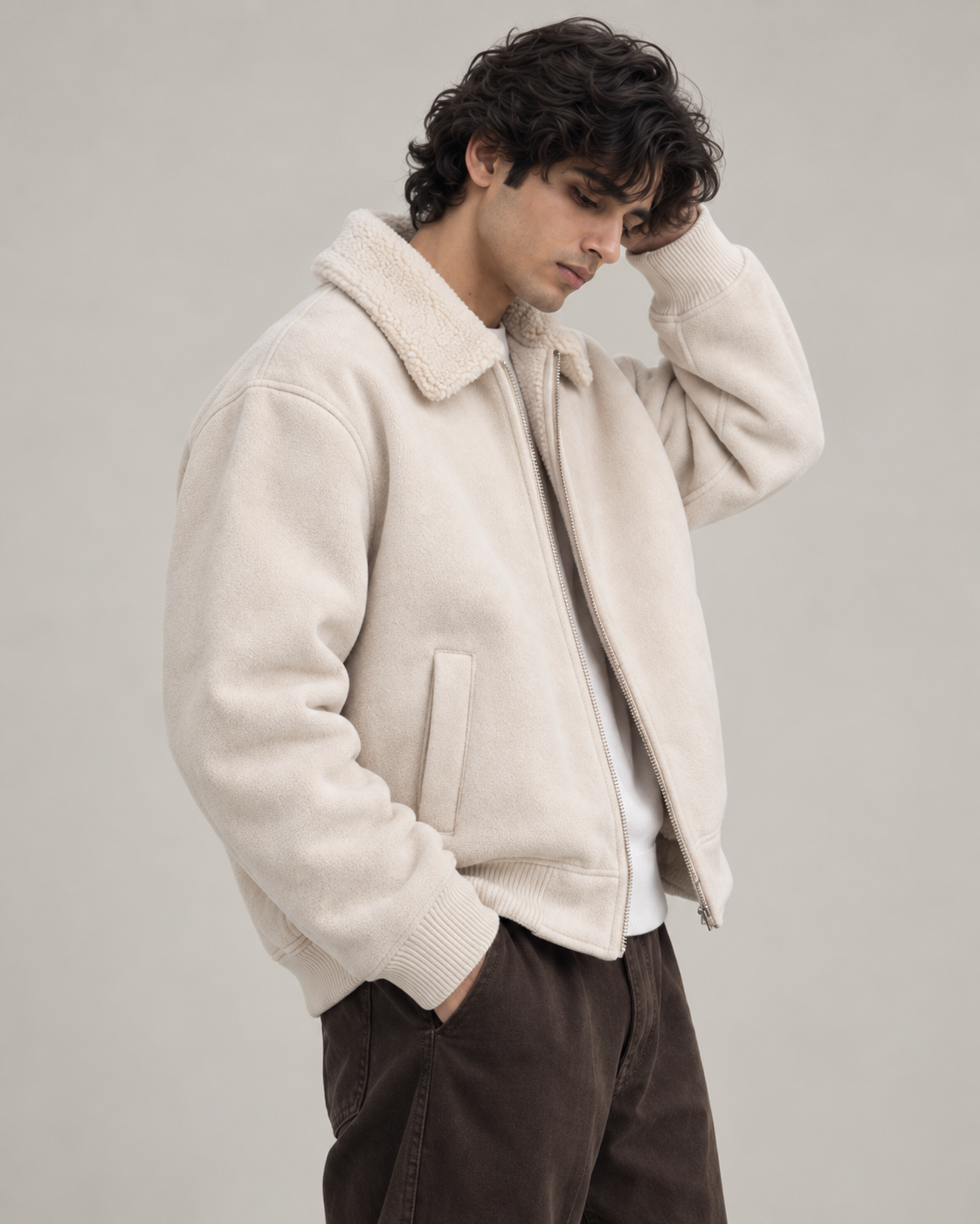 Suede-Touch Sherpa Bomber Jacket